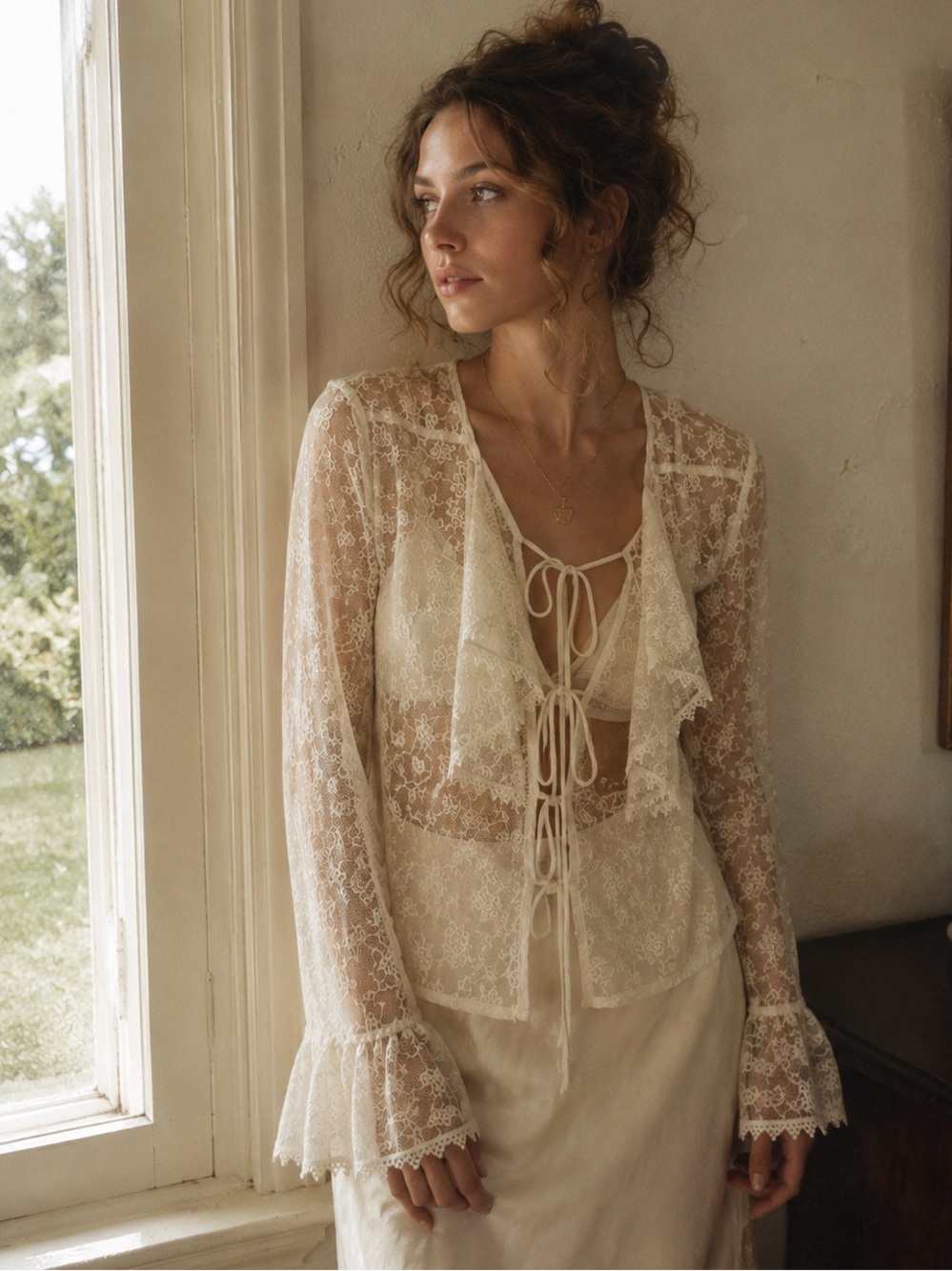Saks Fifth Avenue Vintage Ivory Sheer Lace Tie Front Blouse Medium